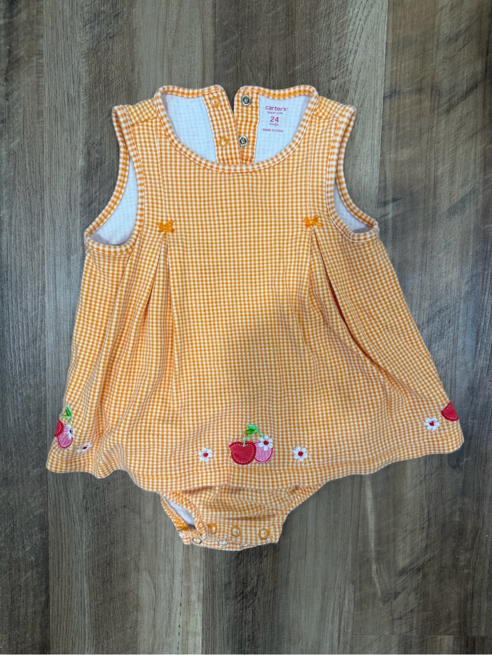 Carter's Yellow Orange Gingham Romper Dress with Cherry Appliqués